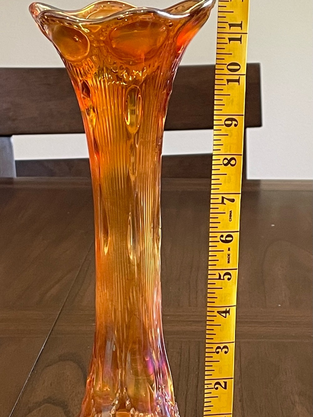 Vintage Marigold Carnival Glass Swung Vase 12” Tall Iridescent